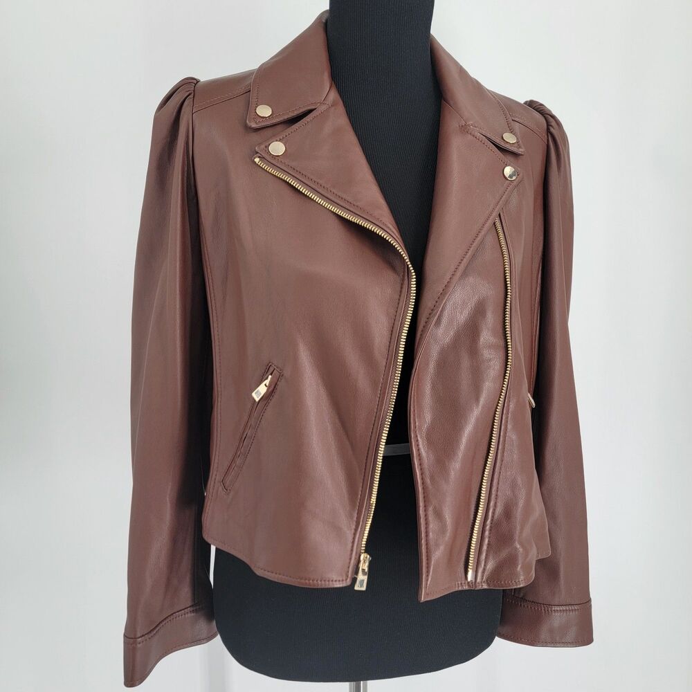 Chico's Womens 0 (US 4 Small) Brown Gold Hardware Asymmetrical Zip Moto Jacket